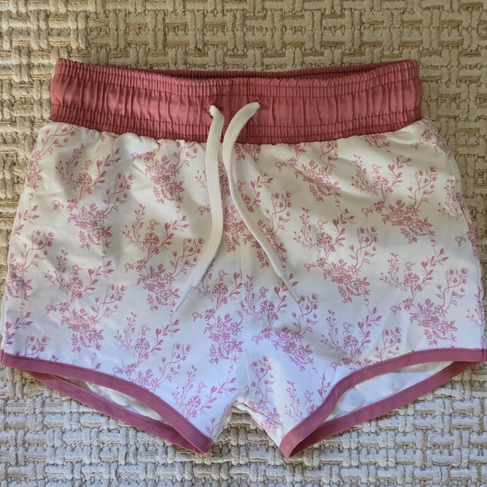 Floral Pink and White Kids Swim Trunks